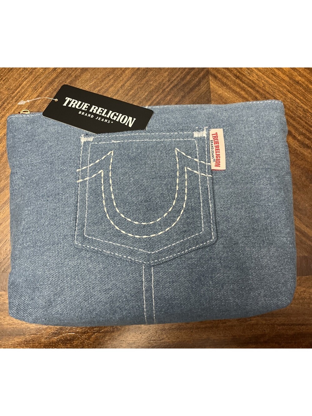NWT TRUE RELIGION Denim Cosmetics/Travel/Toiletry Bag with Horseshoe Logo Pocket